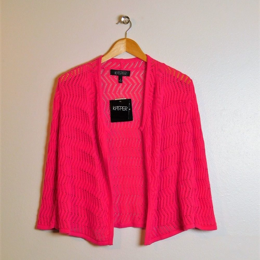 Kasper Drape Cardigan Open Front Pointelle Fuchsia Pink Size S Open Knit